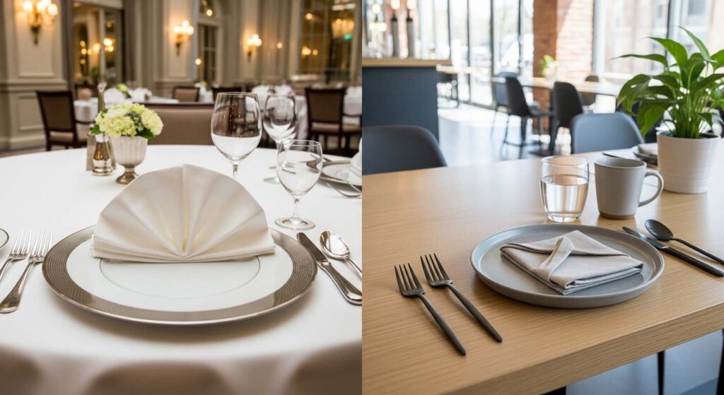 Professional Look of Matte vs Glossy A table setting at a fancy hotel with glossy flatware, and a table at a modern cafe with matte flatware
