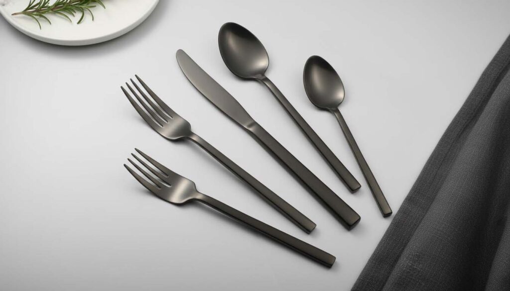 Matte Finish Stainless Steel Flatware A set of matte black stainless steel flatware neatly arranged