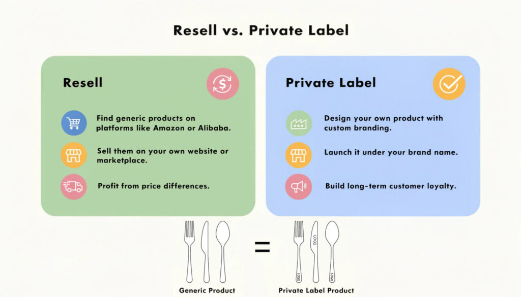 Why Choose Private Label Flatware A diagram showing the difference between reselling generic products and building a private label brand