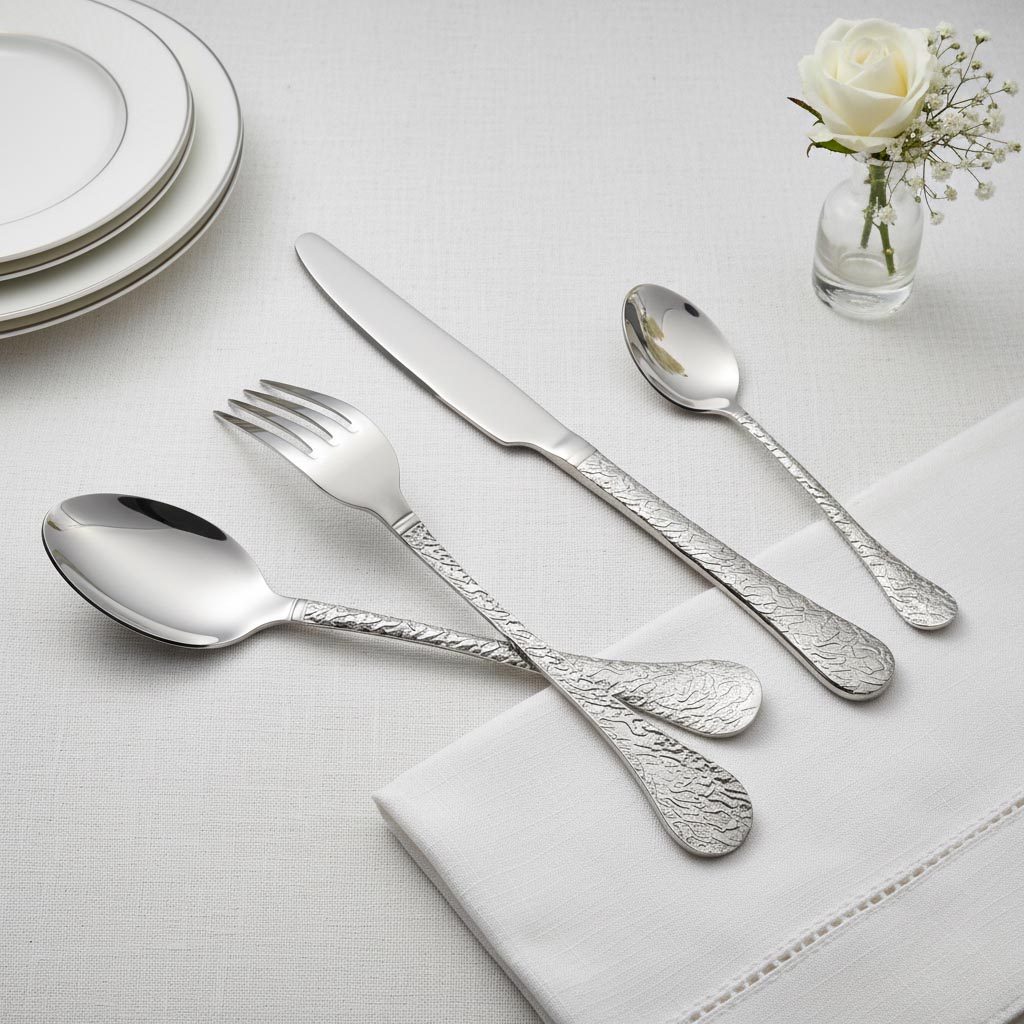 Textured hammered surface detail on stainless steel spoon fork knife set