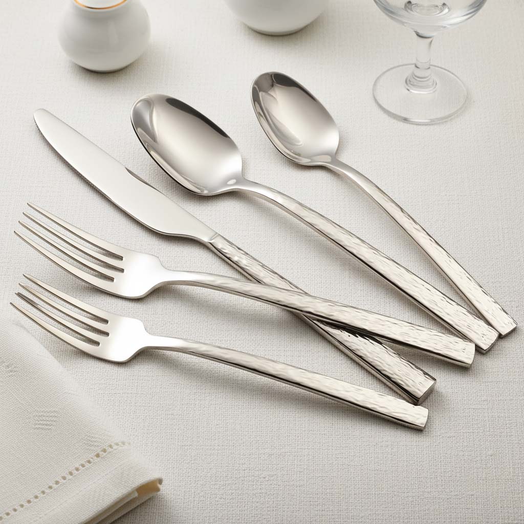 Textured hammered finish detail on stainless steel fork knife spoon set