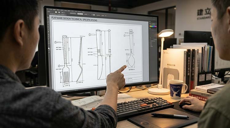 A designer reviewing a 3D model of a custom fork on a computer