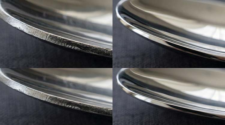 A magnified view of a rough edge trapping particles versus a clean, smooth edge