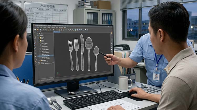 An engineer reviewing a 3D model of a new spoon design on a computer.