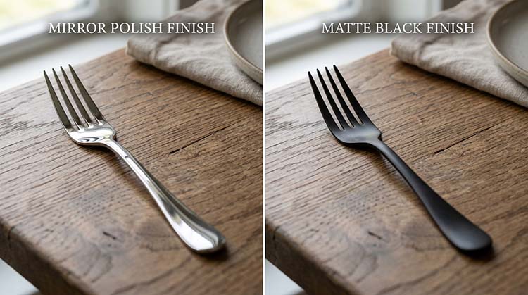 Side-by-side comparison of a mirror polish fork and a matte black fork.