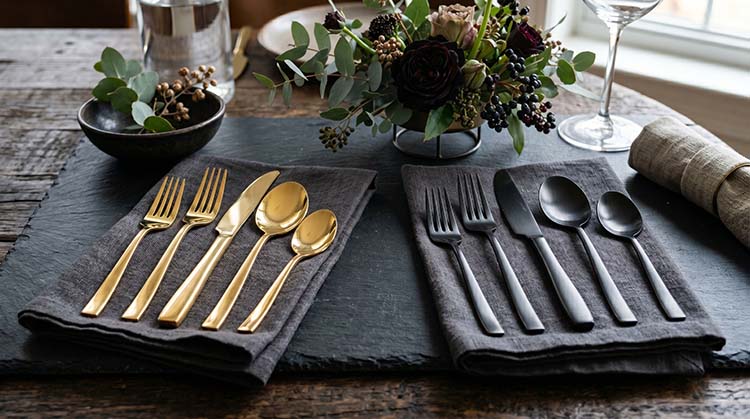 a set of gold PVD flatware and black PVD flatware displayed elegantly