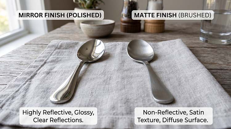 side-by-side comparison of a mirror finish spoon and a matte finish spoon