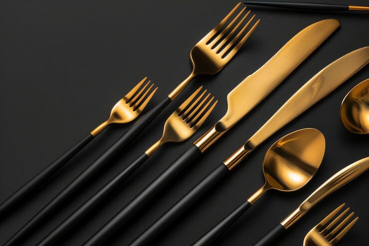 Appearance and Cost of PVD vs Painted Flatware A close-up shot comparing the metallic sheen of PVD gold to the flatter look of painted gold