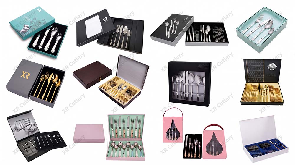Branding and Packaging for a Gift Cutlery Set Close-up of a laser-engraved logo on a fork handle next to a luxury magnetic gift box