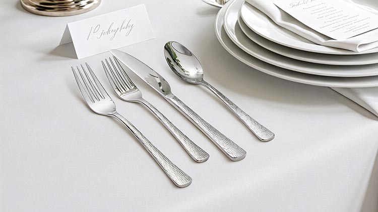 Comparison of hammered, smooth, and matte stainless steel flatware handles side-by-side