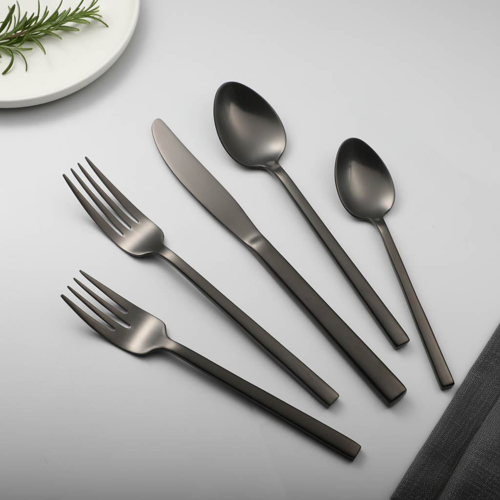 Modern matte black PVD coating finish spoon fork knife set