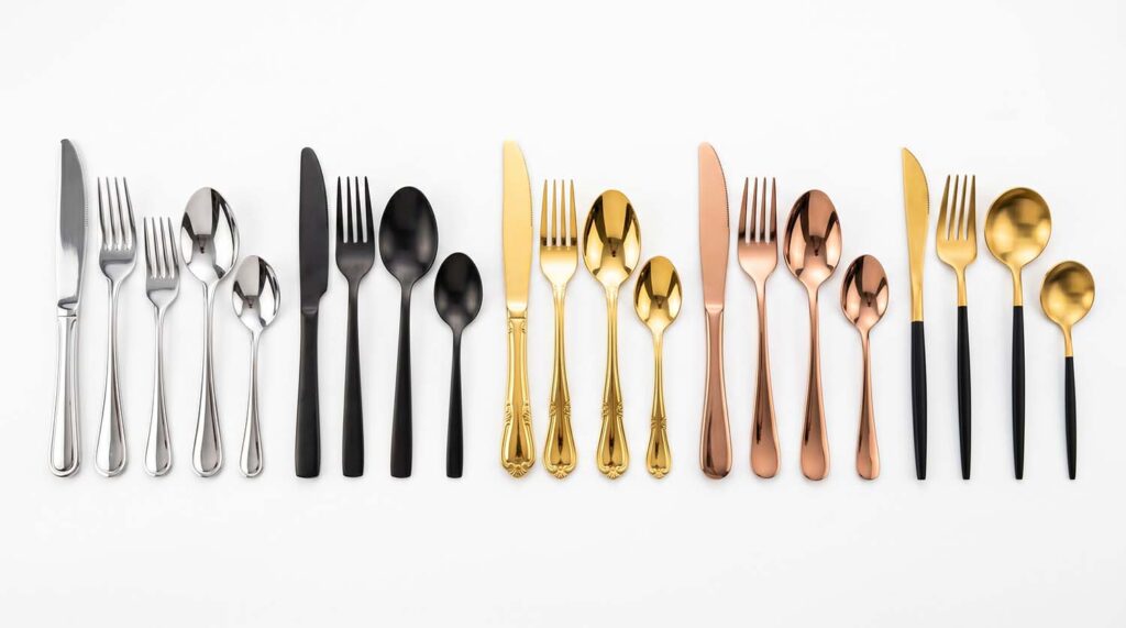 A collection of custom color flatware in gold, black, and rose gold.