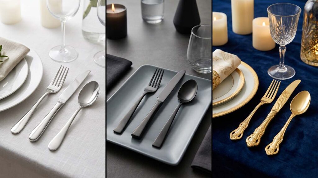 Best-Selling Flatware Designs for Supermarkets A display showing classic, modern, and luxury flatware designs side-by-side