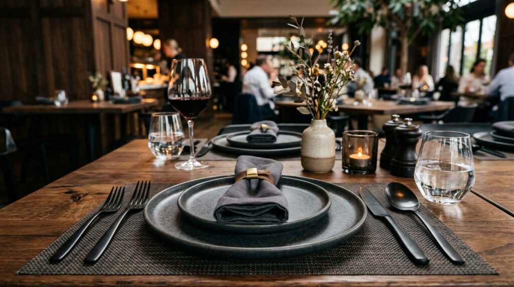 A modern restaurant table setting featuring black custom color flatware.