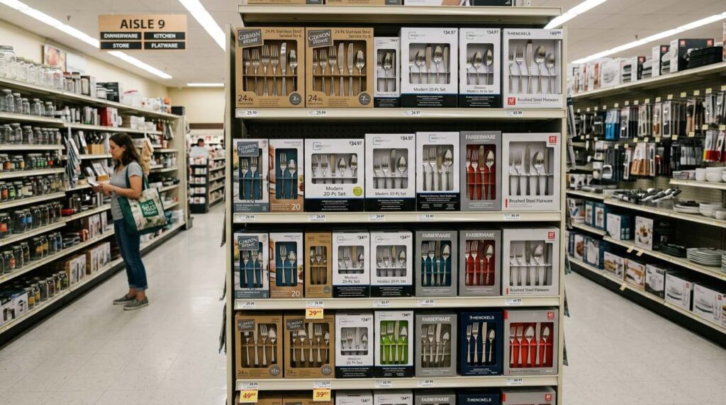 Flatware Buying Guide for Supermarkets A neatly organized display of retail flatware sets in a supermarket aisle