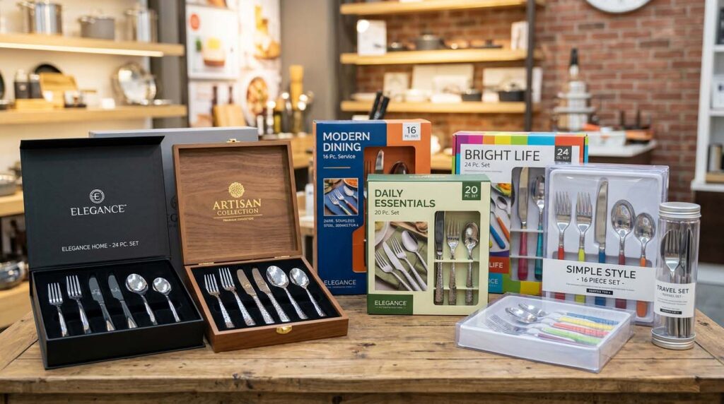 Supermarket Flatware Packaging Requirements A variety of flatware packaging options, including color boxes, gift boxes, and PVC boxes