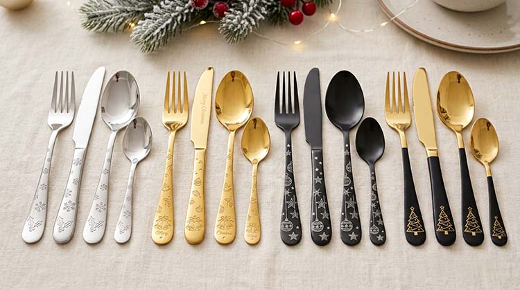 A detailed shot showing different PVD finishes on flatware, including gold, rose gold, and black titanium.
