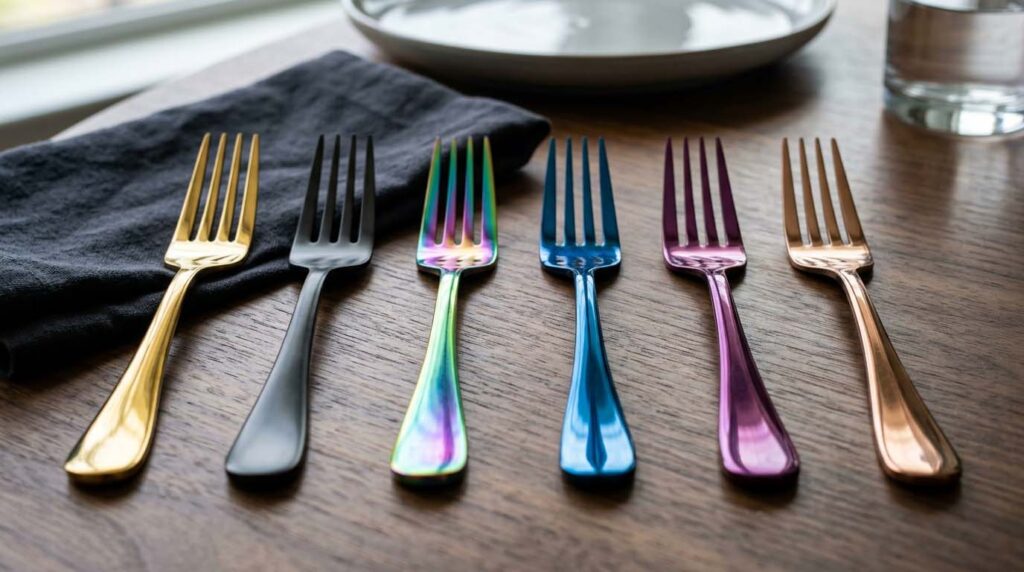 Close-up of PVD coated flatware in gold, black, and rose gold finishes.