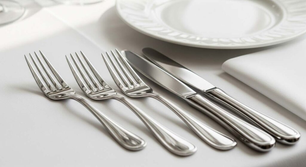 Stainless Steel Grades for Retail Flatware Close-up shot showing the different sheens of 18/10, 18/8, and 18/0 stainless steel flatware