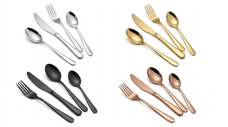 A collection of custom flatware with different PVD coatings like gold, black, and rose gold.