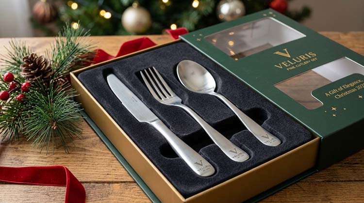 A close-up of a branded flatware set with a subtle laser-engraved logo on the handle, showing its practical elegance.