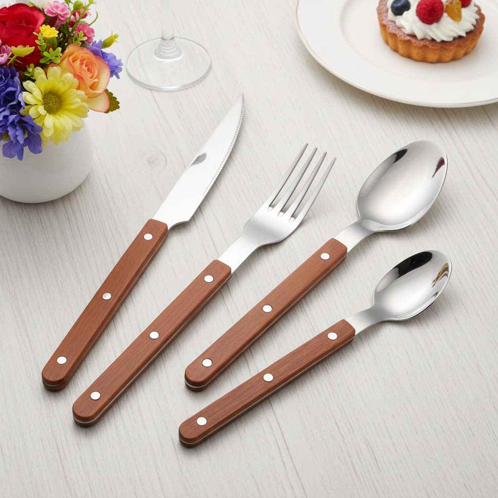 Wood-look plastic handle spoon fork knife set for wholesale