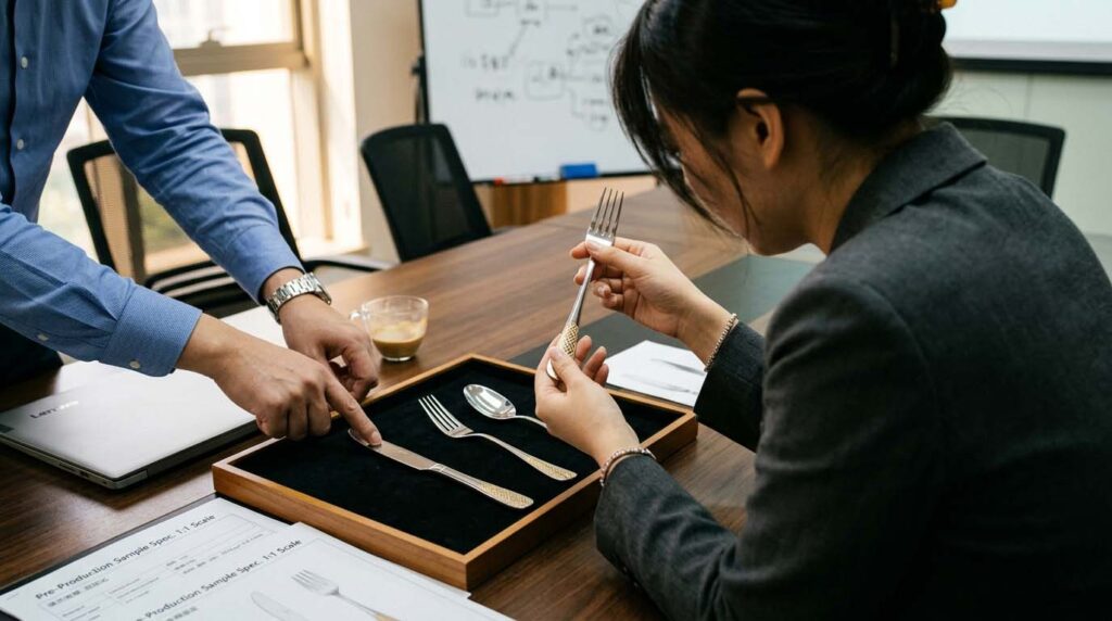 Approving a Pad-Printed Cutlery Sample A buyer and a manufacturer reviewing a pre-production sample of pad-printed cutlery in a meeting.