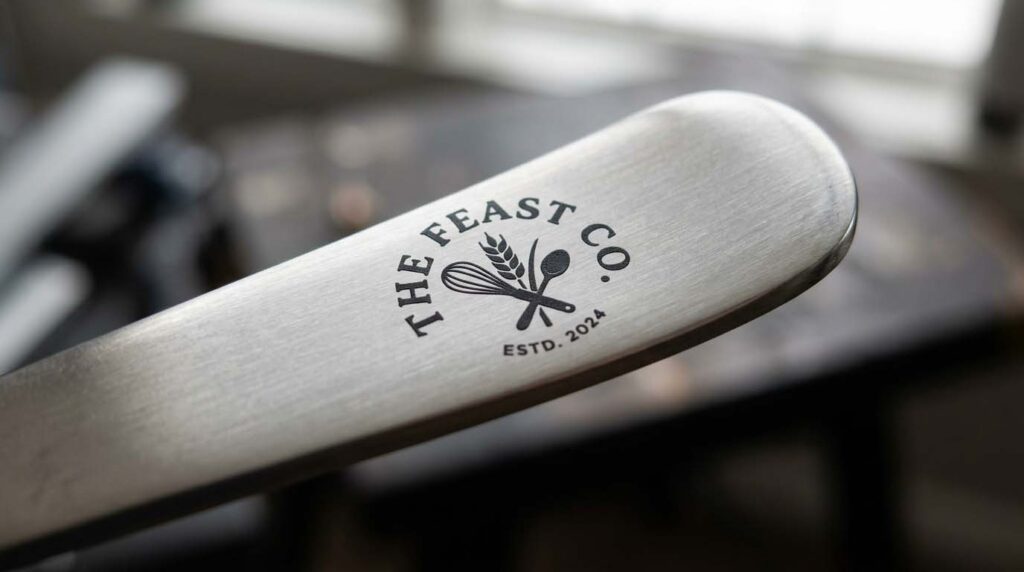 Quality Control for Screen Printed Cutlery A quality control inspector using a magnifying glass on a screen printed logo on a spoon