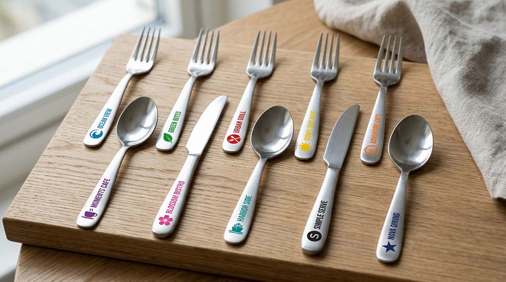 Custom Logo Cutlery with Pad Printing A collection of pad-printed cutlery showing different colored logos for hotels and private label brands.