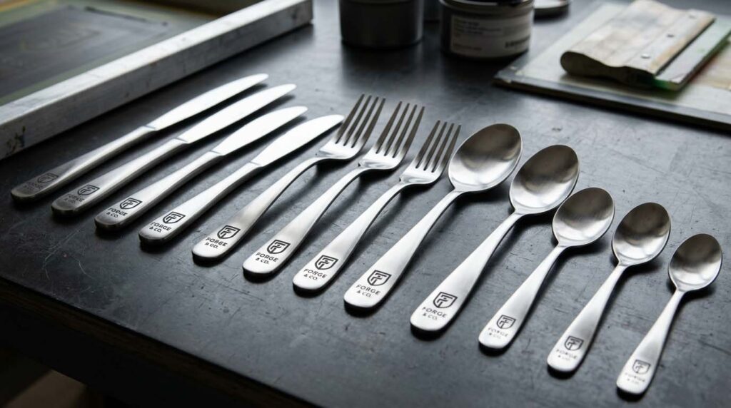 Applications of Screen Printing on Cutlery A collection of stainless steel cutlery with logos applied using the screen printing process