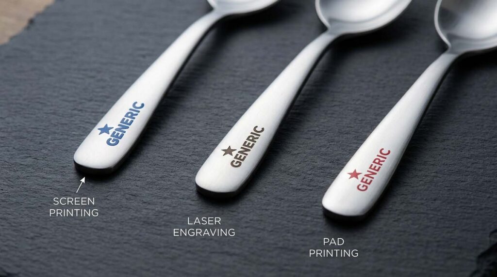 Cutlery Customization Method Comparison A comparison image showing cutlery with screen printing, laser engraving, and pad printing logos