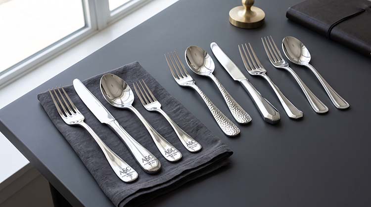 Customized Mirror Finish Flatware Customized mirror finish flatware showing logo engraving, gold PVD, and different handle designs.