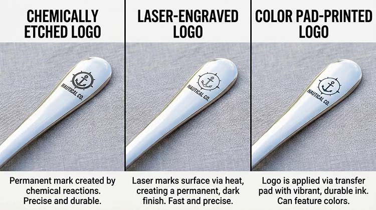 Etching vs. Laser Engraving vs. Pad Printing on Cutlery A collage comparing three stainless steel spoons: one with a chemically etched logo, one with a laser-engraved logo, and one with a pad-printed logo.