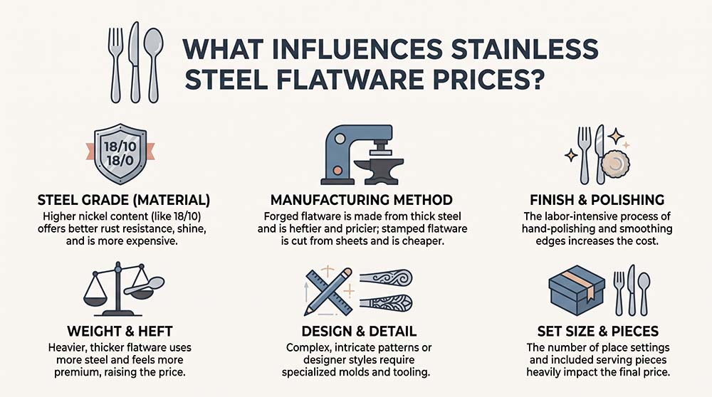 Factors Affecting Stainless Steel Flatware Prices An infographic illustrating the different factors that influence stainless steel flatware prices