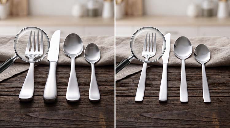 Comparing Flatware Construction and Thickness Side-by-side comparison of thick, forged flatware and thin, stamped flatware showing the difference in construction