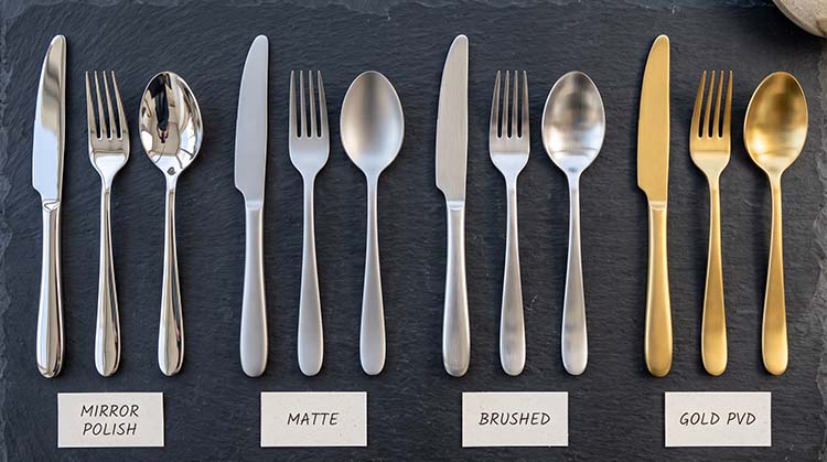 Various Stainless Steel Flatware Finishes A collection of flatware showing different finishes: mirror polish, matte, brushed, and a gold PVD coating