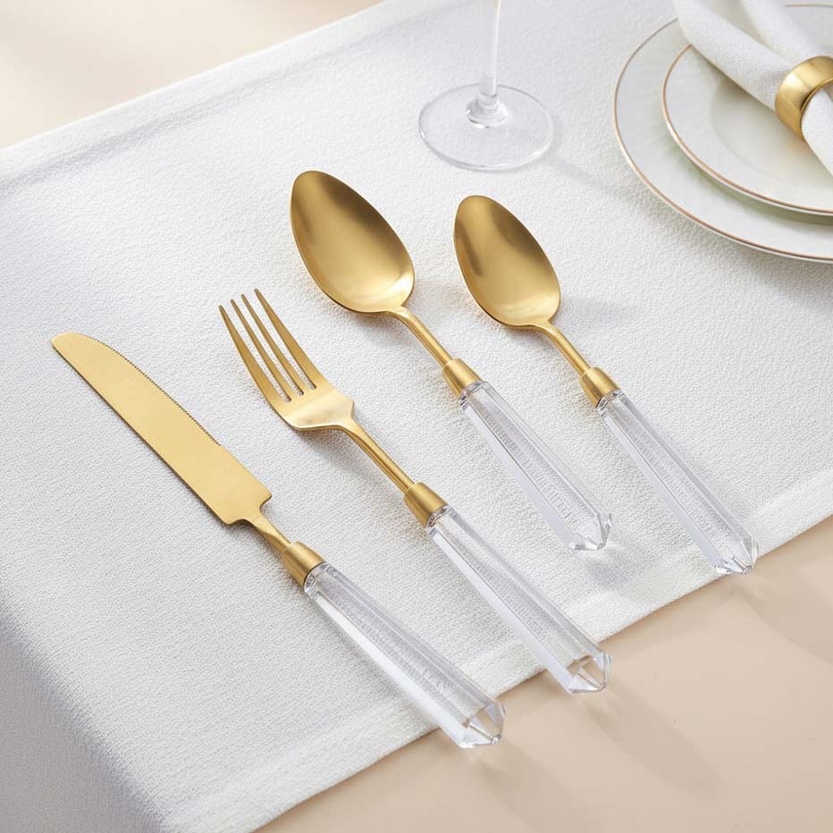 Gold spoon fork knife with transparent acrylic handles for wholesale