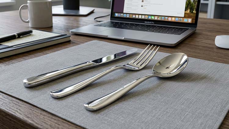 Mirror Finish Stainless Steel Flatware A close-up of mirror finish stainless steel flatware showing a bright, reflective surface.