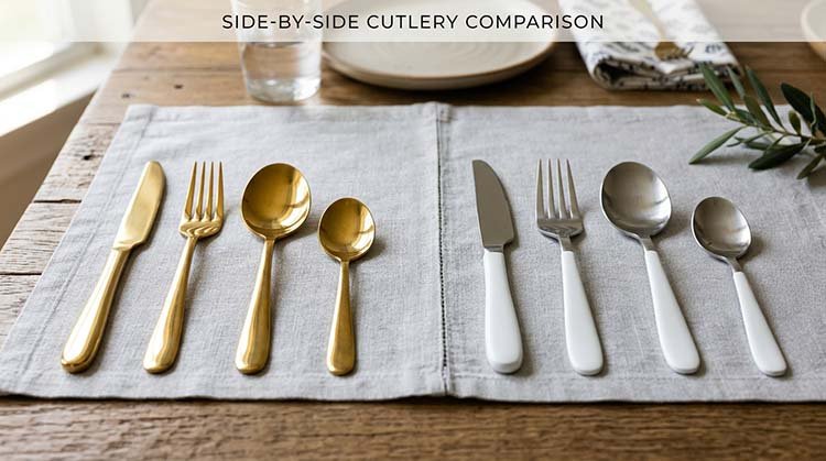 A side-by-side comparison of gold PVD cutlery and black spray coated cutlery.