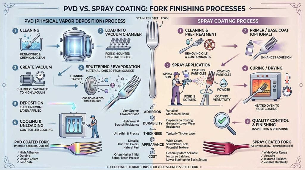 An infographic showing the PVD process versus the spray coating process for a stainless steel fork.