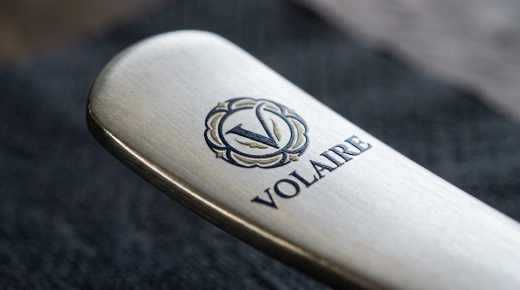 UV Printing on Stainless Steel Cutlery A close-up of a custom logo applied with UV printing on stainless steel cutlery handle